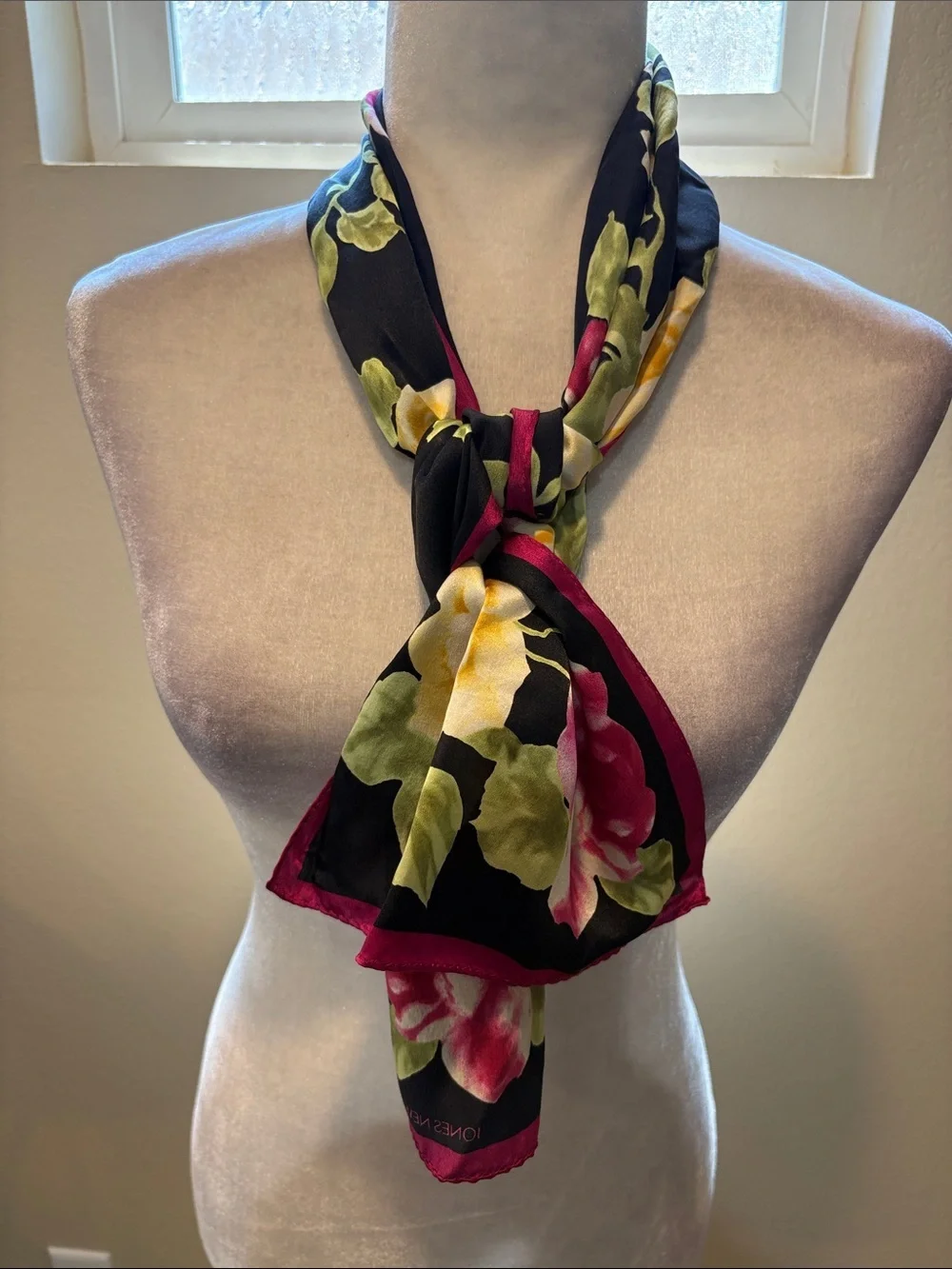 Jones New York Black Floral Silk Scarf with Pink Trim